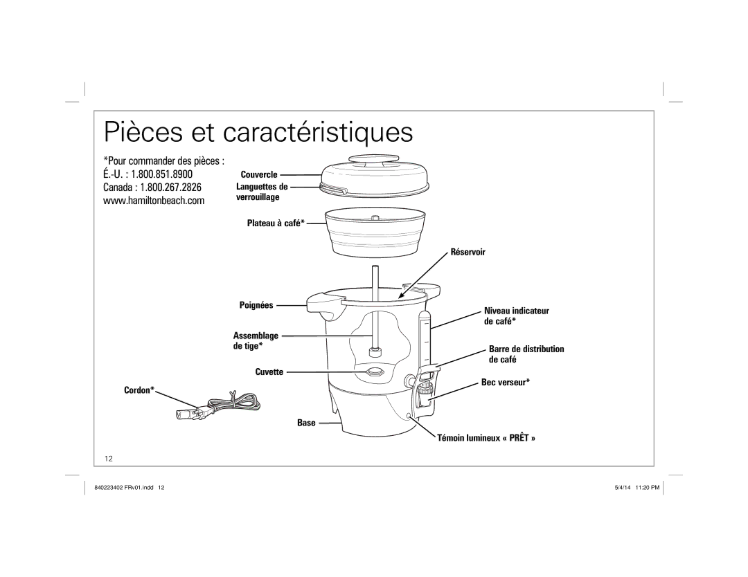 Hamilton Beach 40514 manual Pièces et caractéristiques 