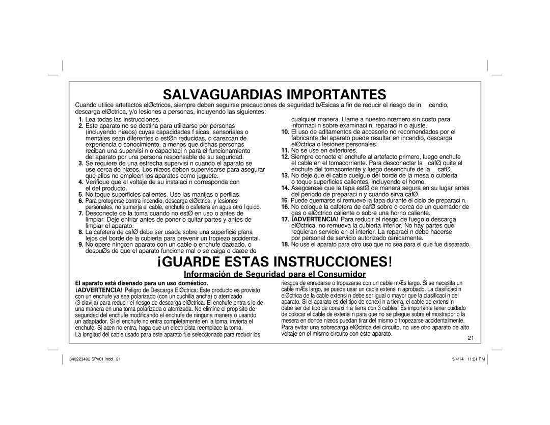 Hamilton Beach 40514 manual Salvaguardias Importantes 