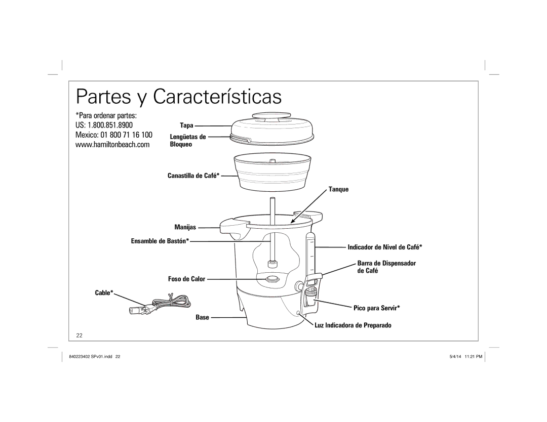 Hamilton Beach 40514 manual Partes y Características, Mexico 01 800 71 16 