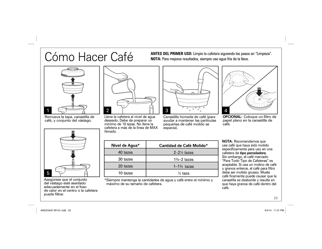 Hamilton Beach 40514 manual Cómo Hacer Café, Nivel de Agua Cantidad de Café Molido 