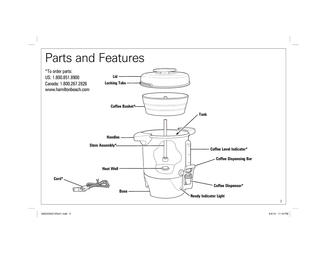 Hamilton Beach 40514 manual Parts and Features 