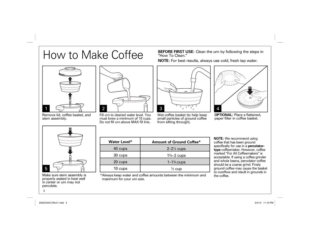 Hamilton Beach 40514 manual How to Make Coffee, Remove lid, coffee basket, and stem assembly 