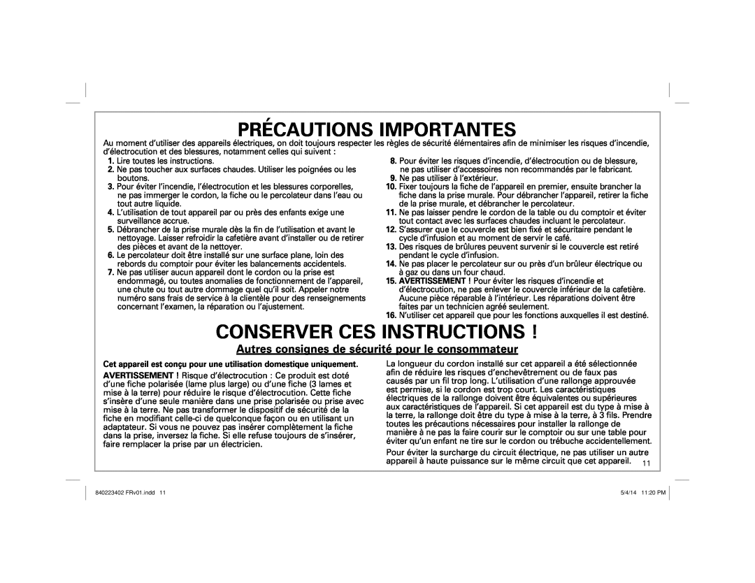 Hamilton Beach 40514 manual Précautions Importantes, Conserver Ces Instructions 