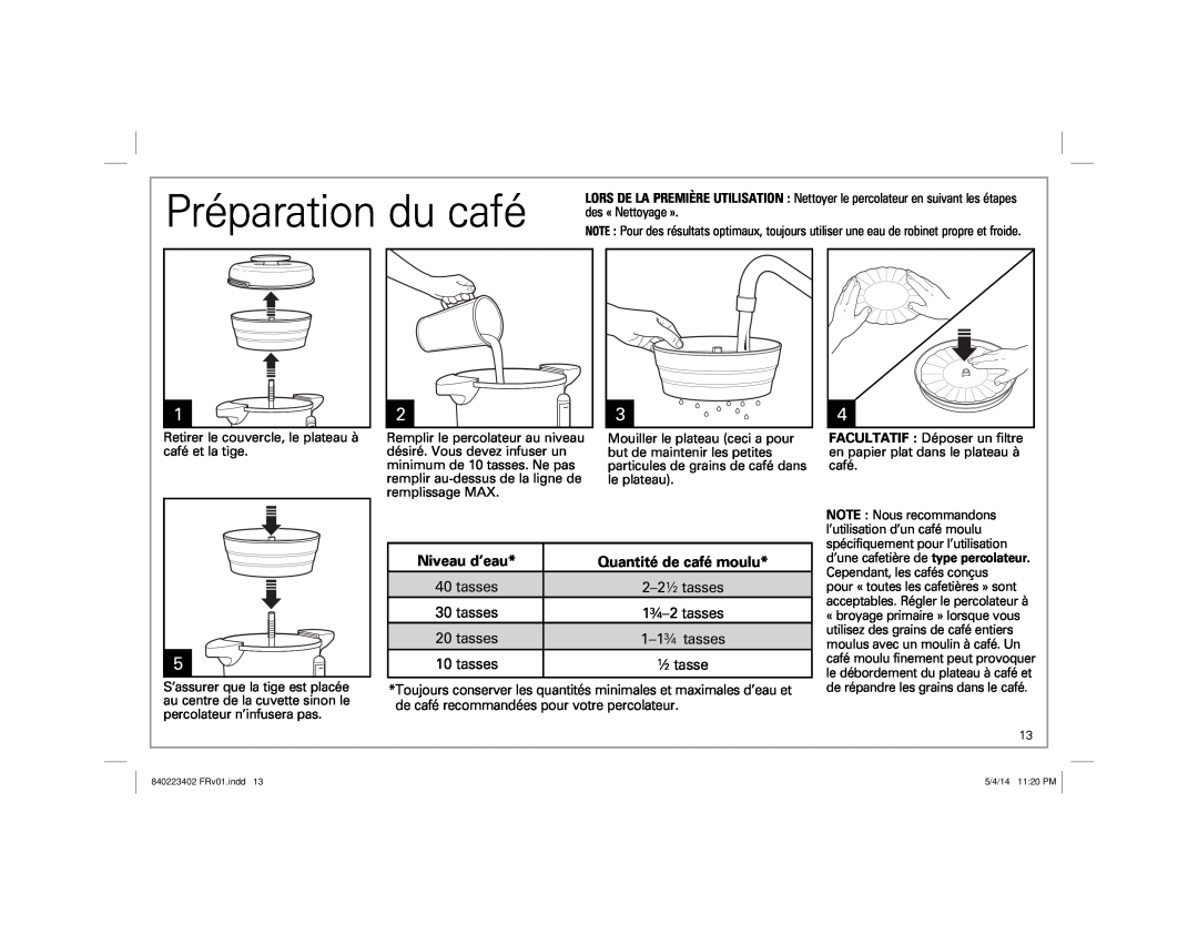 Hamilton Beach 40514 manual Préparation du café, Niveau d’eau, Quantité de café moulu 