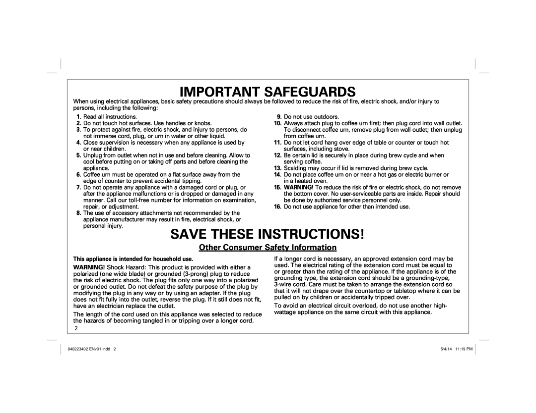 Hamilton Beach 40514 manual Important Safeguards, Save These Instructions, Other Consumer Safety Information 
