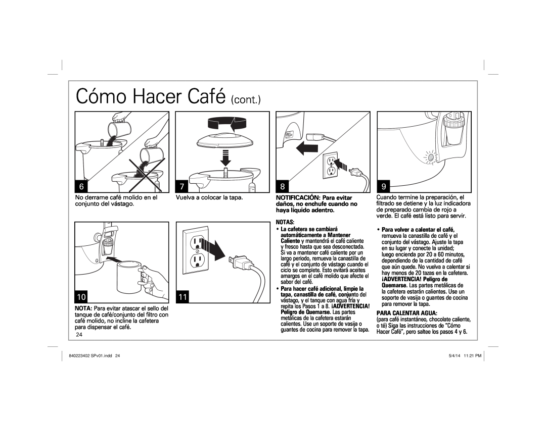 Hamilton Beach 40514 manual Cómo Hacer Café cont, Notas, Para Calentar Agua 