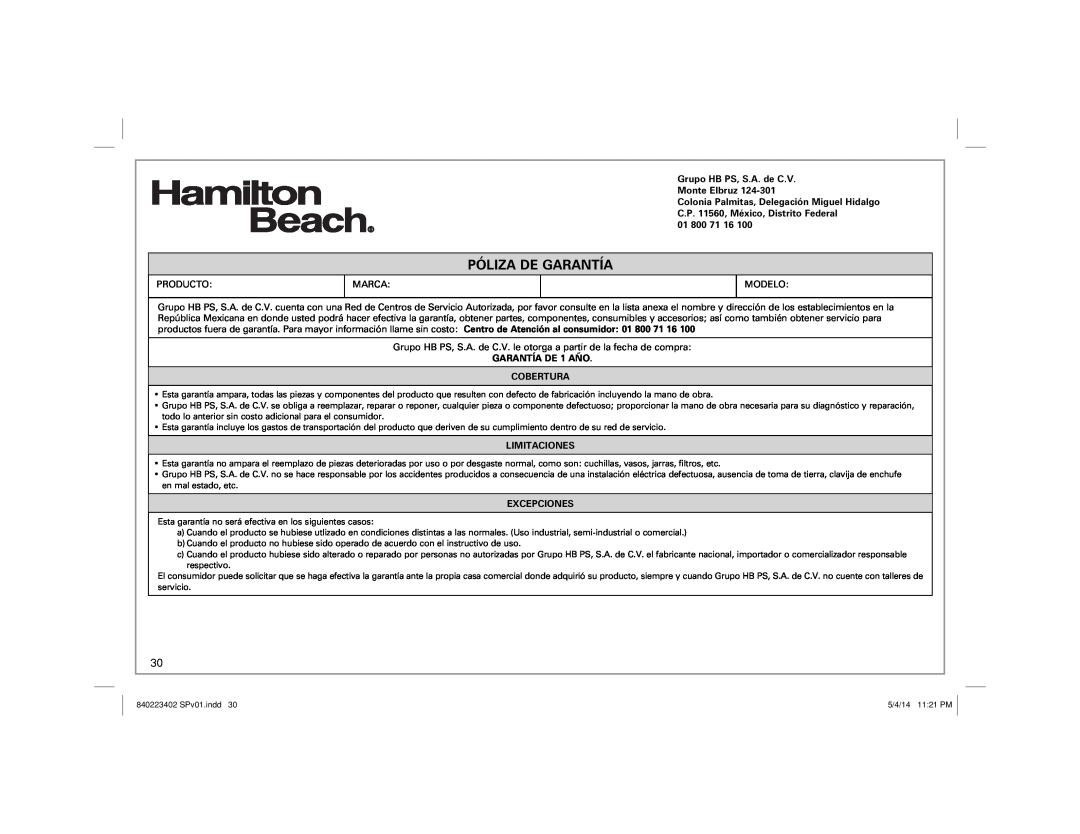Hamilton Beach 40514 manual Póliza De Garantía, Grupo HB PS, S.A. de C.V. Monte Elbruz, 01 800, GARANTÍA DE 1 AÑO COBERTURA 