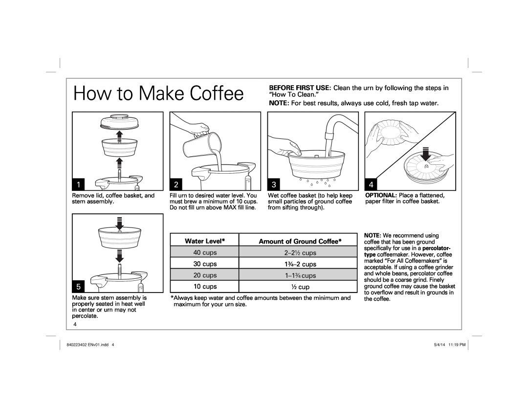 Hamilton Beach 40514 manual How to Make Coffee, Water Level, Amount of Ground Coffee 