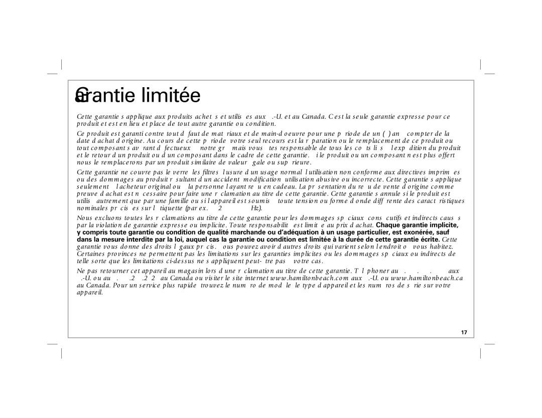 Hamilton Beach 40516 manual Garantie limitée 