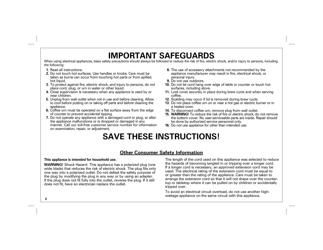 Hamilton Beach 40516 manual Important Safeguards 