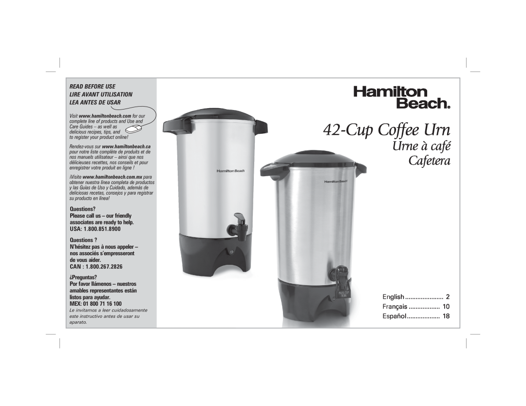 Hamilton Beach 40516 manual Urne à café Cafetera, CupCoffee Urn, Read Before Use Lire Avant Utilisation, Lea Antes De Usar 