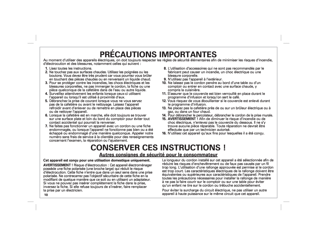 Hamilton Beach 40516 manual Précautions Importantes, Conserver Ces Instructions 