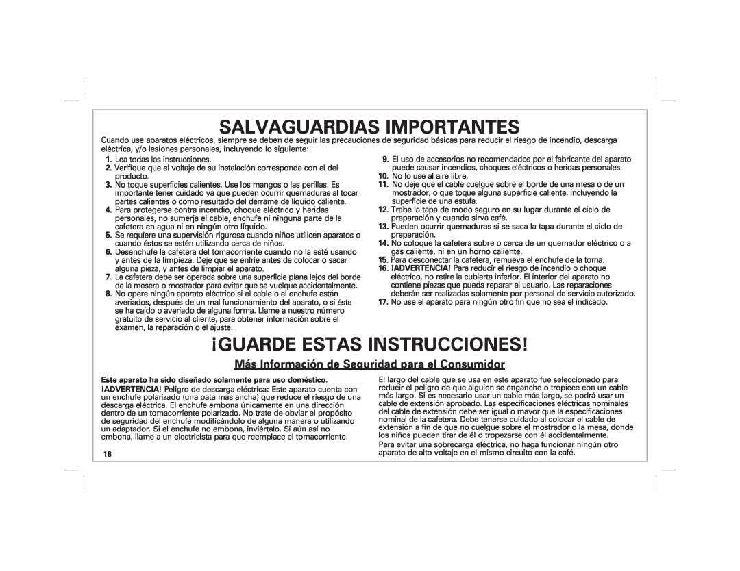 Hamilton Beach 40516 manual Salvaguardias Importantes, ¡Guarde Estas Instrucciones 