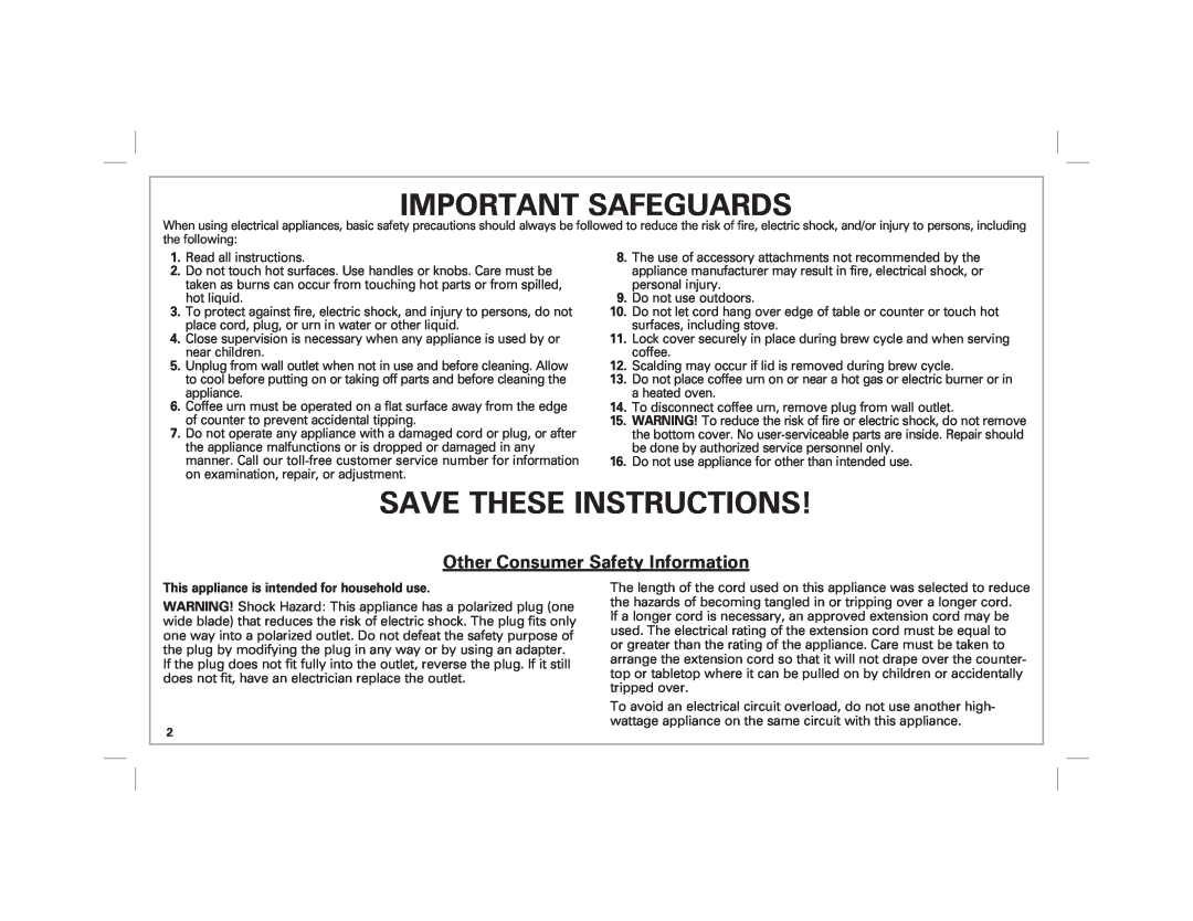 Hamilton Beach 40516 manual Important Safeguards, Save These Instructions, Other Consumer Safety Information 