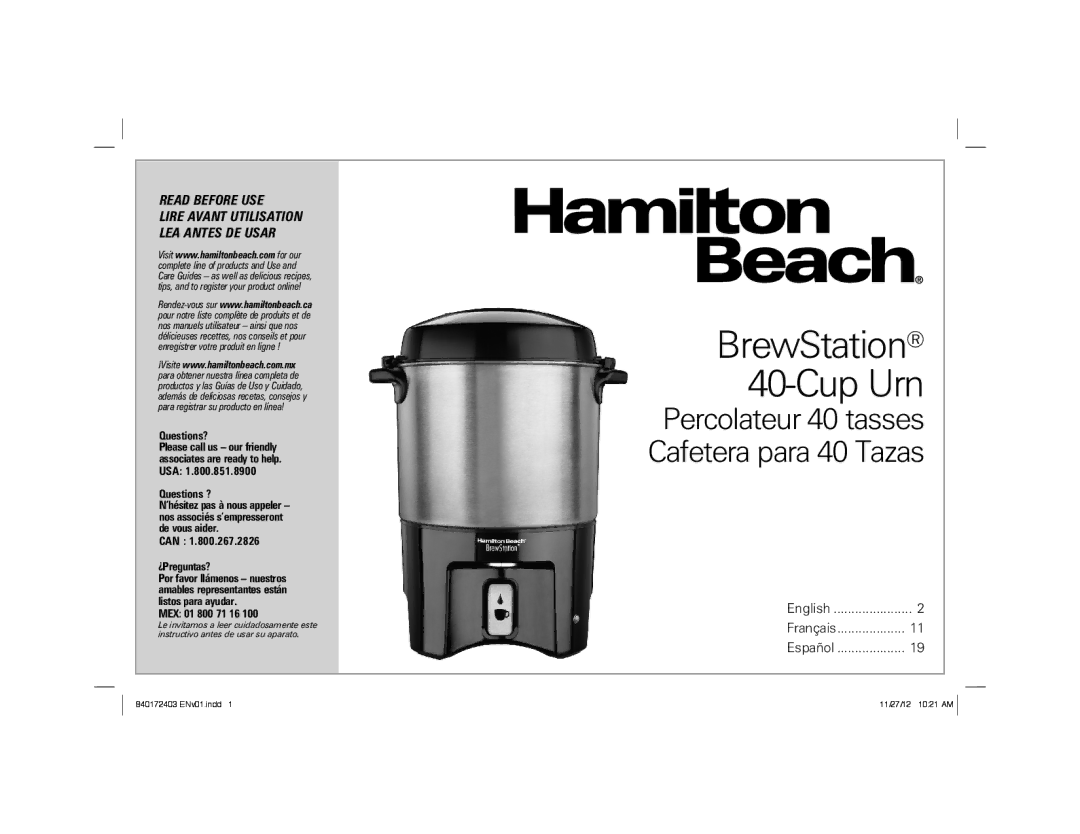 Hamilton Beach 40540 manual BrewStation 40-Cup Urn 