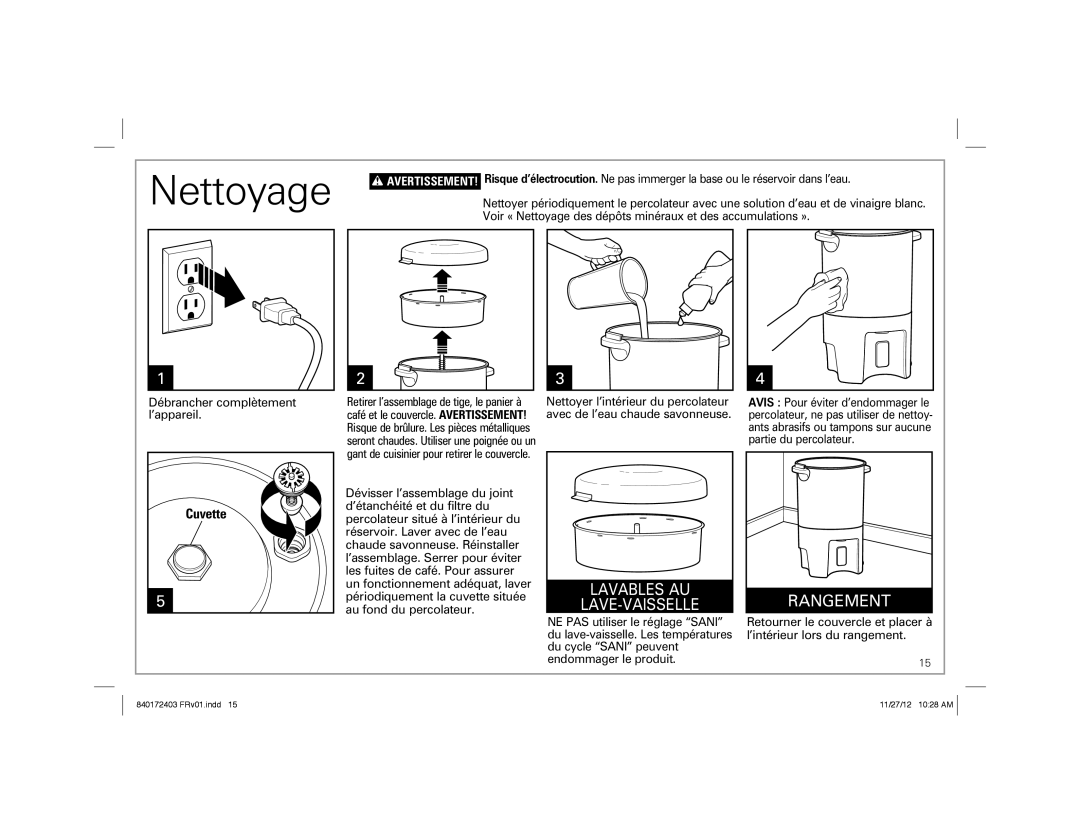 Hamilton Beach 40540 manual Nettoyage, Cuvette 