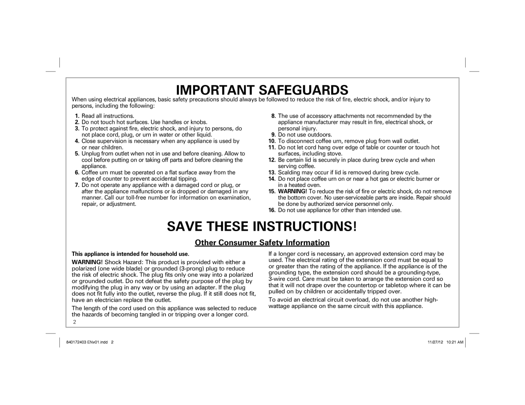 Hamilton Beach 40540 manual Important Safeguards, Other Consumer Safety Information 