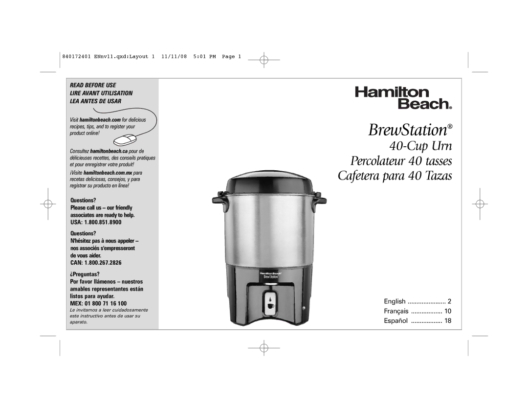 Hamilton Beach 40540 manual BrewStation 