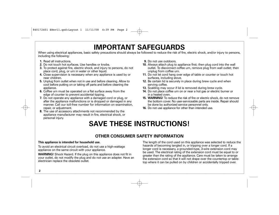 Hamilton Beach 40540 manual Important Safeguards 