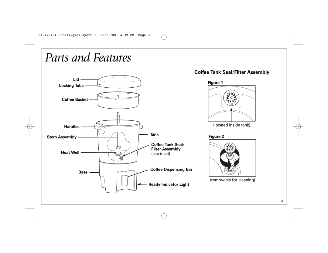 Hamilton Beach 40540 Parts and Features, Lid Locking Tabs Coffee Basket Handles, Stem Assembly Tank, Ready Indicator Light 