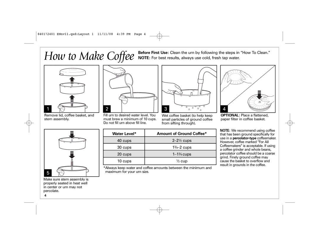 Hamilton Beach 40540 manual How to Make Coffee, Amount of Ground Coffee 