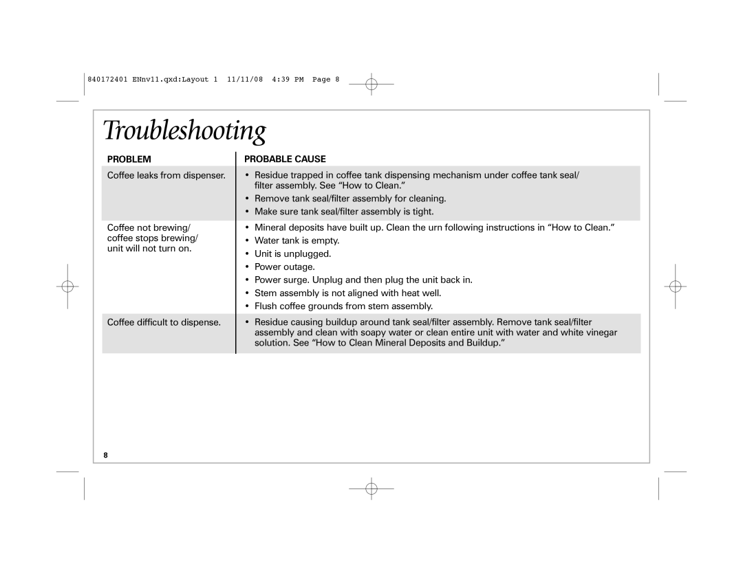 Hamilton Beach 40540 manual Troubleshooting, Problem Probable Cause 