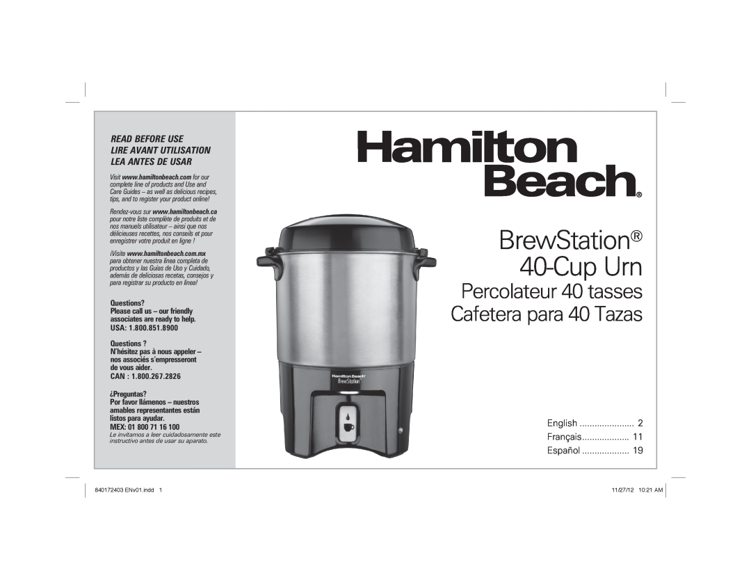 Hamilton Beach 40540 manual BrewStation 40-CupUrn, Percolateur 40 tasses Cafetera para 40 Tazas, Read Before Use, MEX 01 