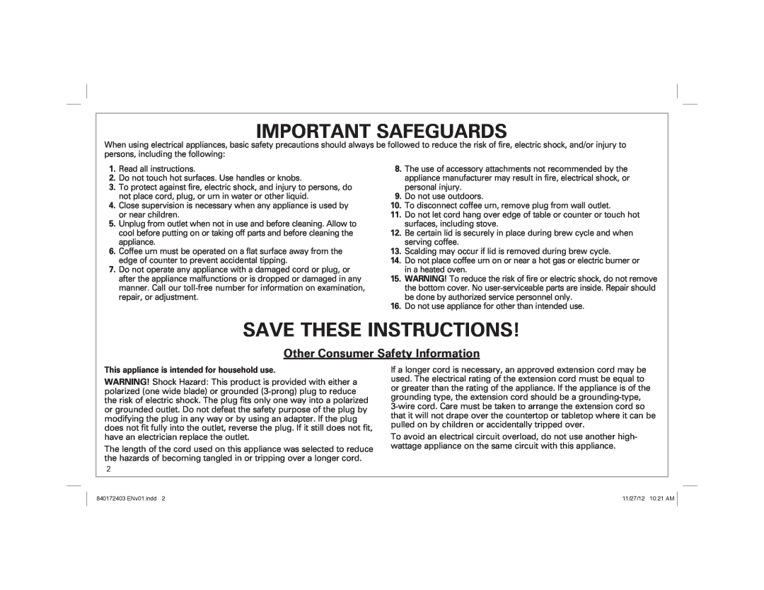 Hamilton Beach 40540 manual Important Safeguards, Save These Instructions, Other Consumer Safety Information 