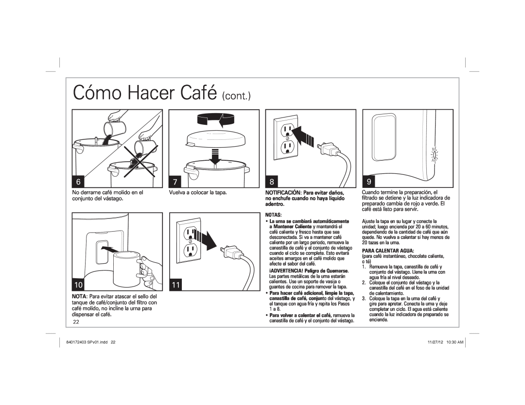 Hamilton Beach 40540 manual Cómo Hacer Café cont, Notas, Para Calentar Agua 
