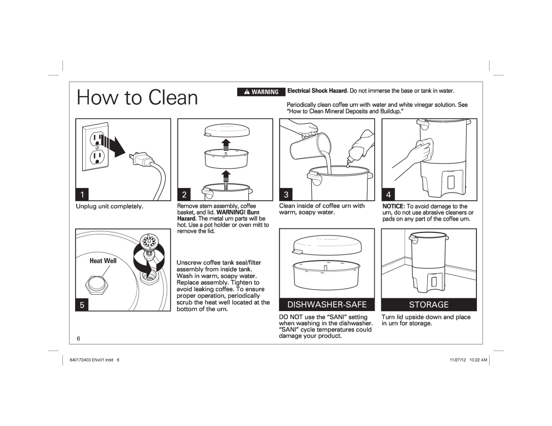 Hamilton Beach 40540 manual How to Clean, Dishwasher-Safe, Storage, Heat Well 