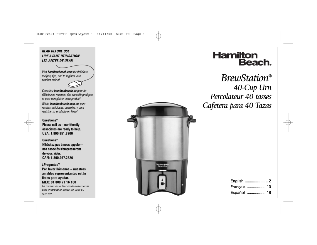 Hamilton Beach 40540 manual BrewStation, Cup Urn Percolateur 40 tasses Cafetera para 40 Tazas, Questions?, CAN ¿Preguntas? 