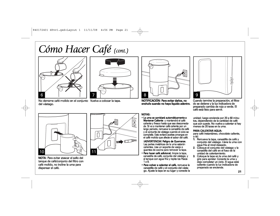 Hamilton Beach 40540 manual Cómo Hacer Café cont, SPnv1.qxdLayout 1 11/11/08 456 PM Page, Vuelva a colocar la tapa 