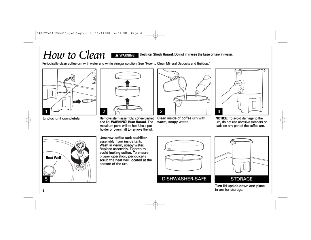 Hamilton Beach 40540 manual How to Clean, Dishwasher-Safe, Storage, Heat Well, w WARNING 