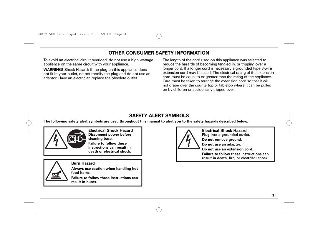 Hamilton Beach 40560 manual Electrical Shock Hazard, Burn Hazard 