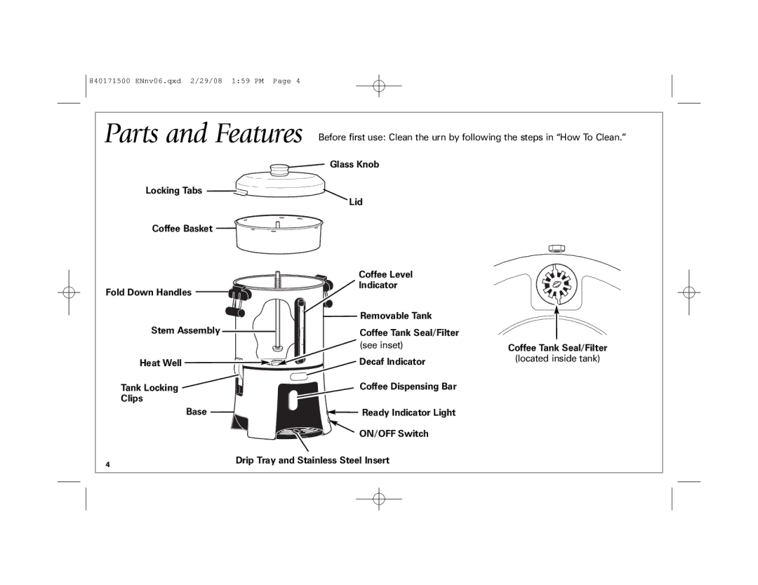 Hamilton Beach 40560 See inset, Heat Well Decaf Indicator Tank Locking, Clips Base, ON/OFF Switch, Coffee Tank Seal/Filter 