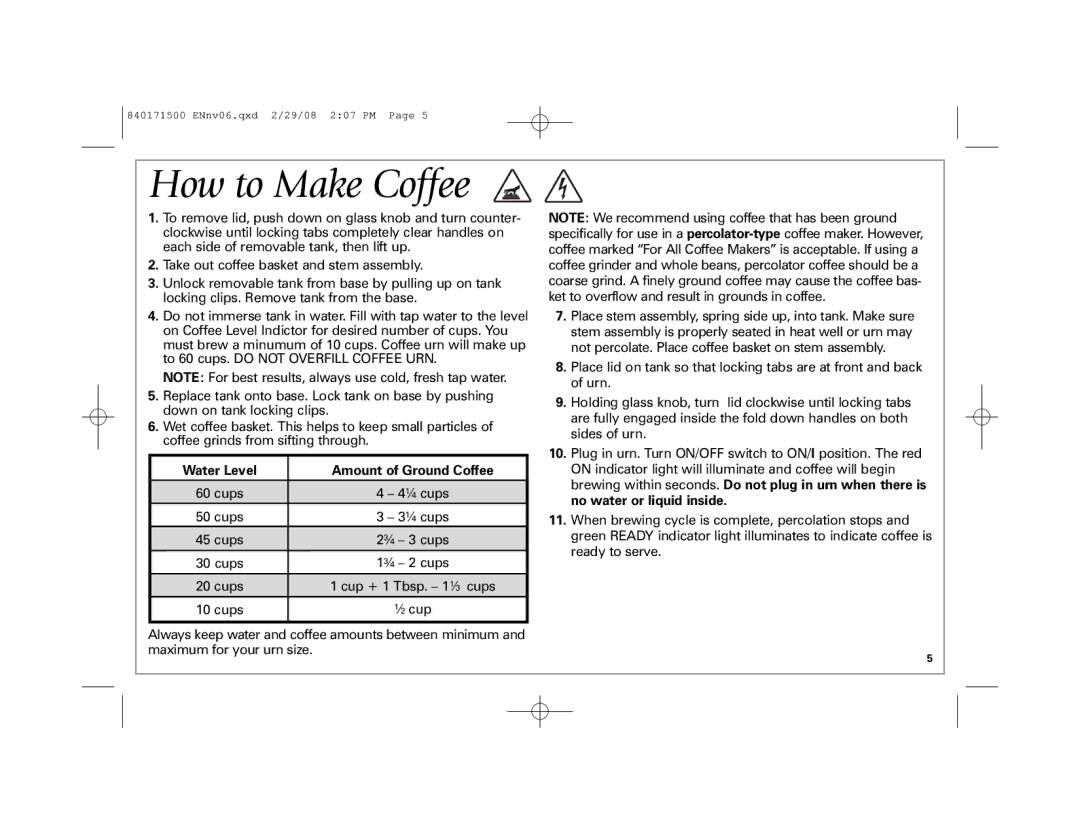 Hamilton Beach 40560 manual How to Make Coffee, Water Level Amount of Ground Coffee 