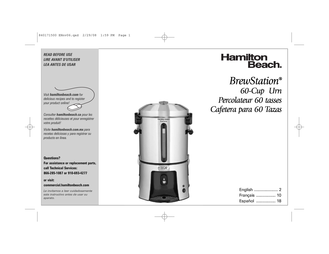 Hamilton Beach 40560 manual BrewStation, Cup Urn Percolateur 60 tasses Cafetera para 60 Tazas, English, Français, Español 