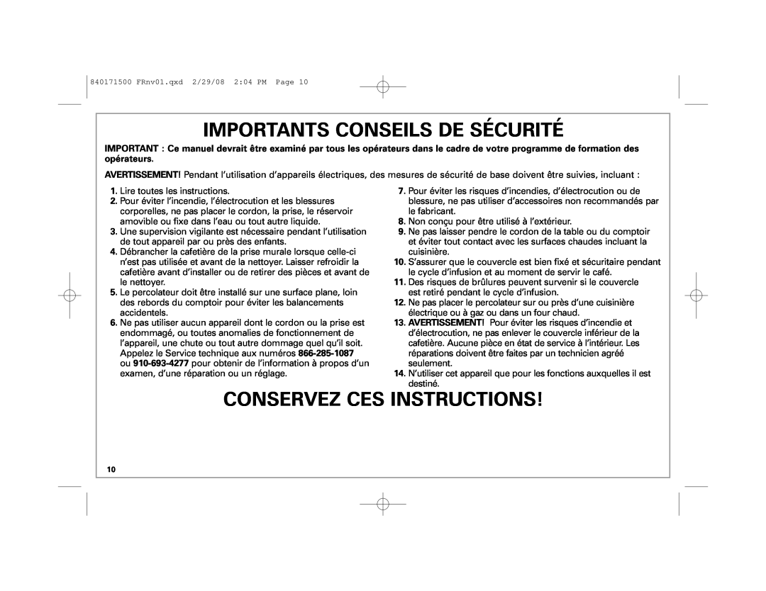 Hamilton Beach 40560 manual Importants Conseils De Sécurité, Conservez Ces Instructions 