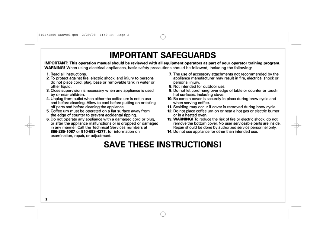 Hamilton Beach 40560 manual Important Safeguards, Save These Instructions 