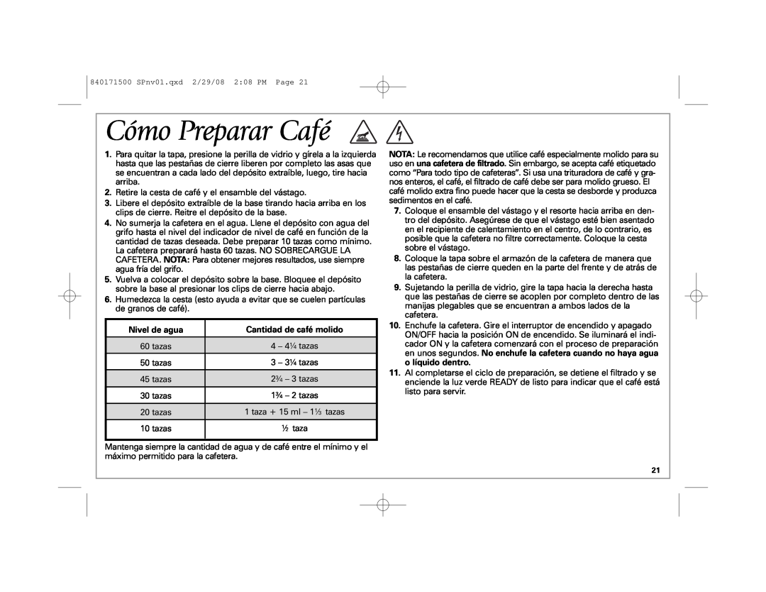 Hamilton Beach 40560 manual Cómo Preparar Café, Nivel de agua, Cantidad de café molido 