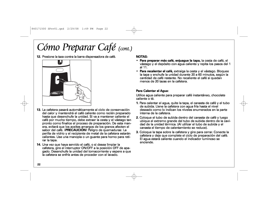 Hamilton Beach 40560 manual Cómo Preparar Café cont, Notas, Para Calentar el Agua 