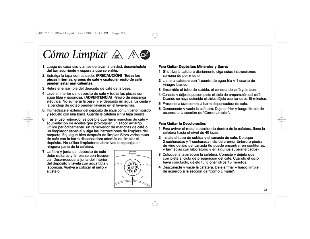 Hamilton Beach 40560 manual Cómo Limpiar, Para Quitar Depósitos Minerales y Sarro, Para Quitar la Decoloración 