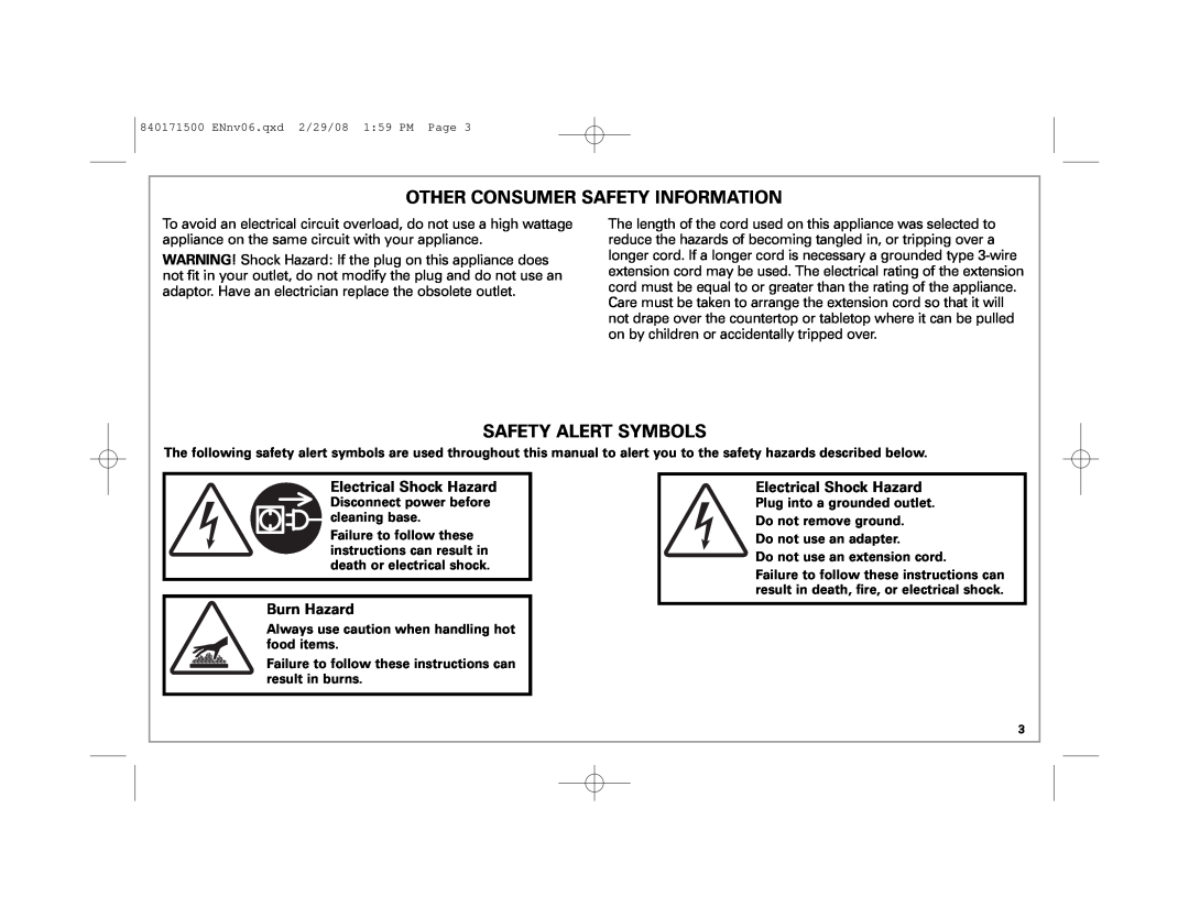 Hamilton Beach 40560 manual Other Consumer Safety Information, Safety Alert Symbols, Electrical Shock Hazard, Burn Hazard 