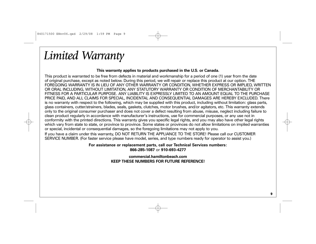 Hamilton Beach 40560 manual Limited Warranty, This warranty applies to products purchased in the U.S. or Canada 