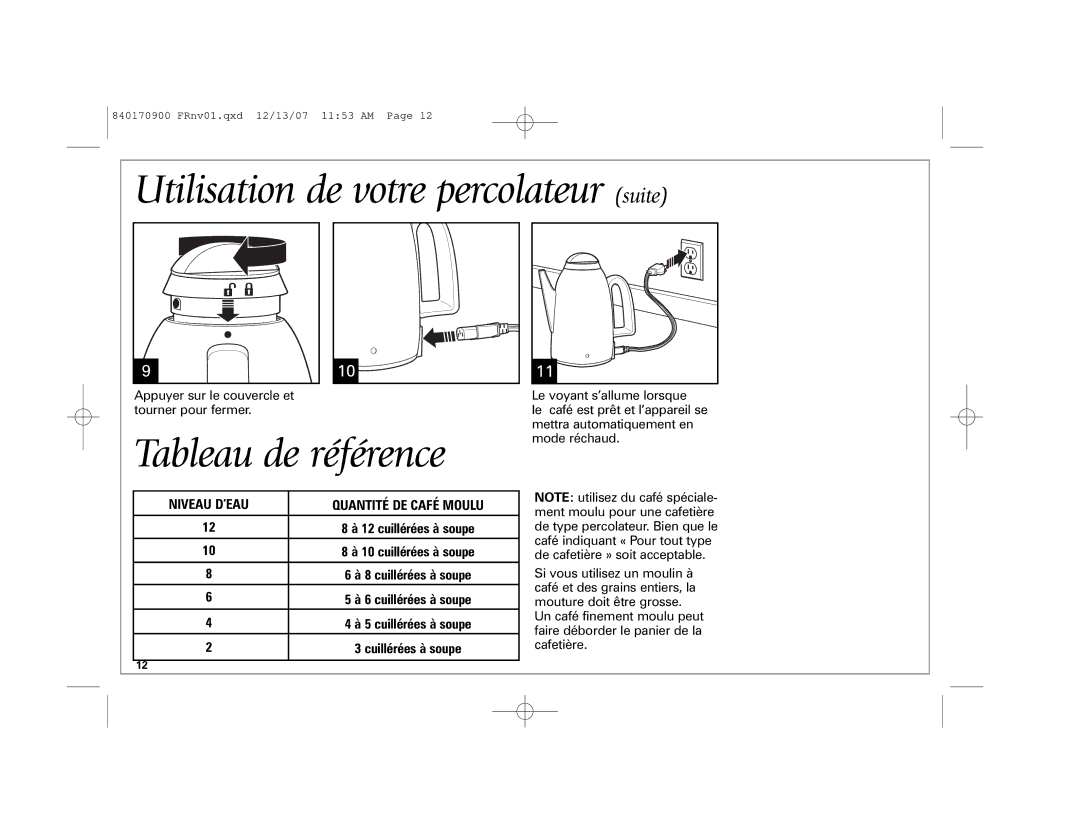 Hamilton Beach 40619, 40618, 40617 manual Utilisation de votre percolateur suite, Niveau D’EAU 