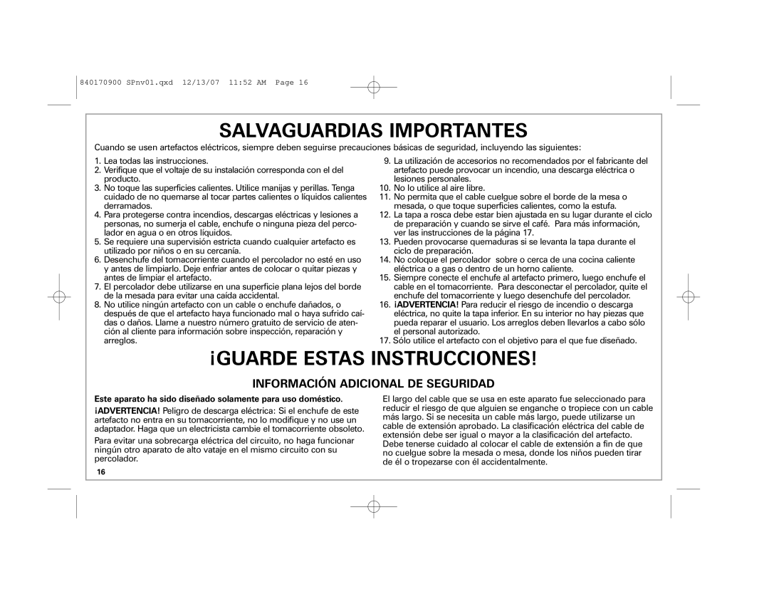 Hamilton Beach 40618, 40619, 40617 Salvaguardias Importantes, Este aparato ha sido diseñado solamente para uso doméstico 