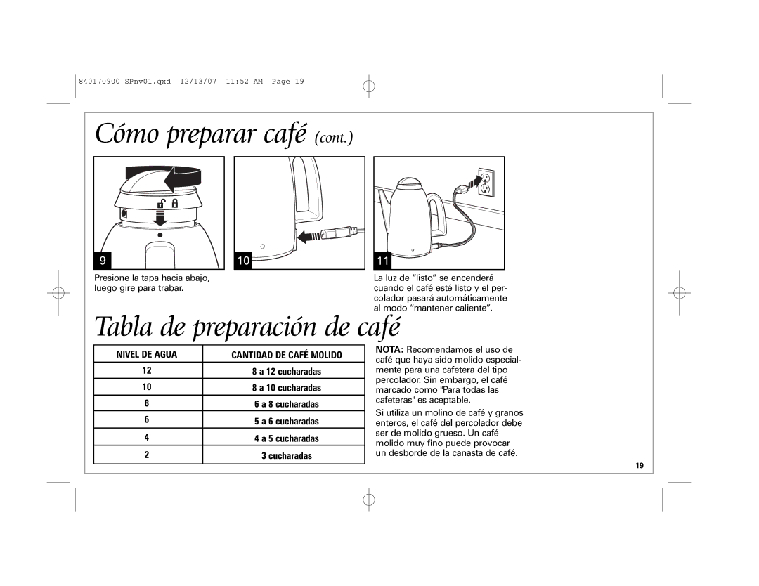 Hamilton Beach 40618, 40619, 40617 Cómo preparar café, Tabla de preparación de café, Nivel DE Agua Cantidad DE Café Molido 