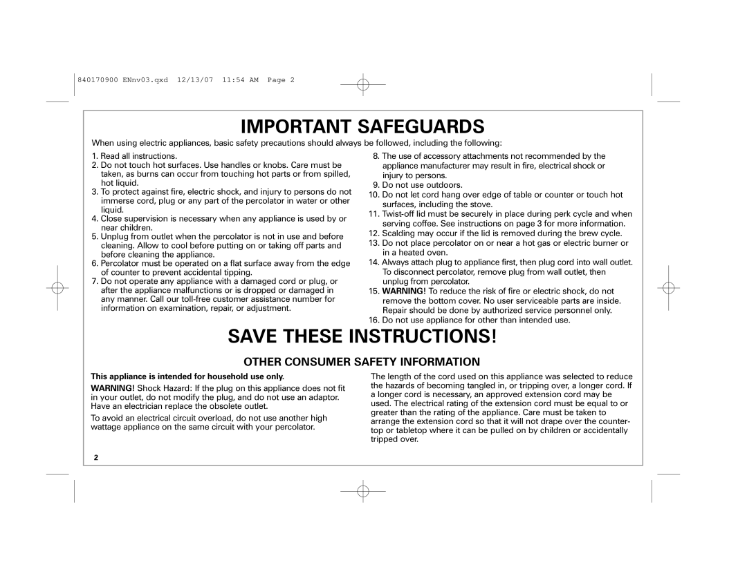 Hamilton Beach 40617, 40619, 40618 manual Important Safeguards, This appliance is intended for household use only 