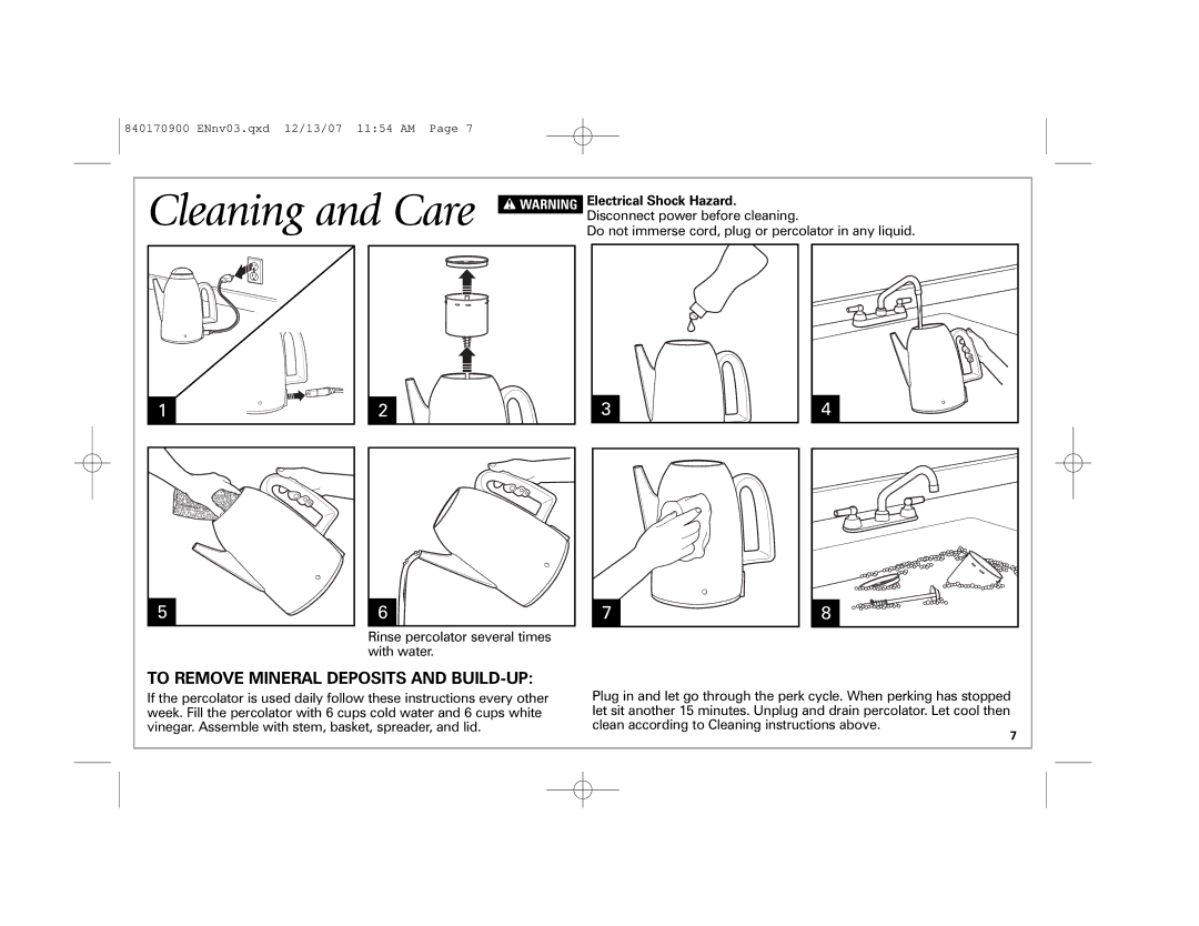 Hamilton Beach 40618, 40619, 40617 manual Cleaning and Care, To Remove Mineral Deposits and BUILD-UP 