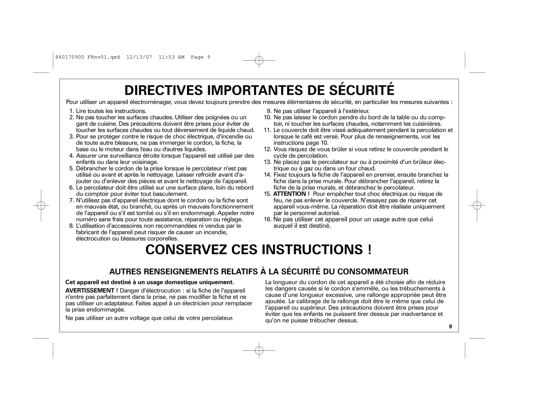 Hamilton Beach 40619, 40618 Directives Importantes DE Sécurité, Cet appareil est destiné à un usage domestique uniquement 